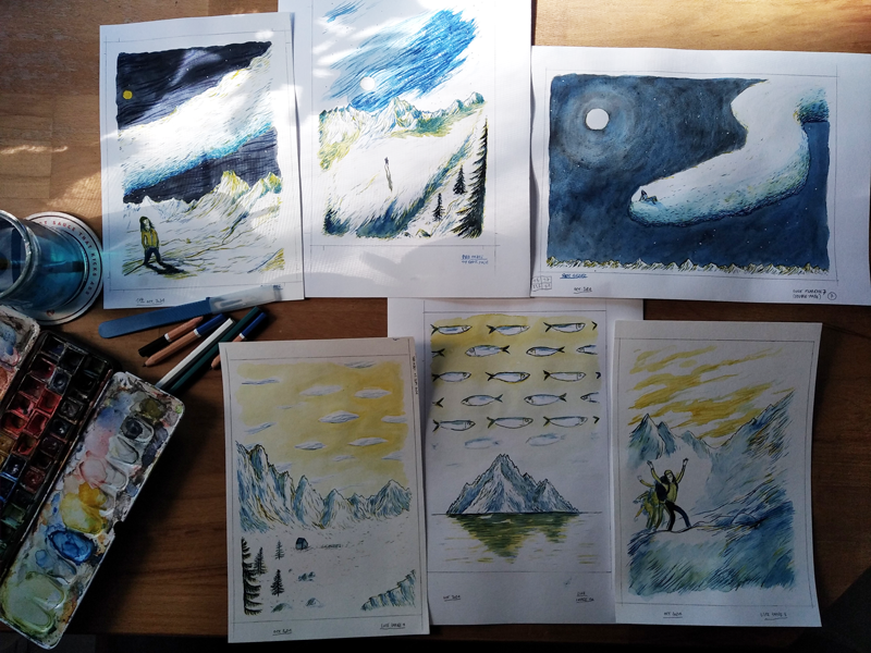 Planches d'aquarelle de Seb Cazes pour Luce et le Gros Nonchalant
