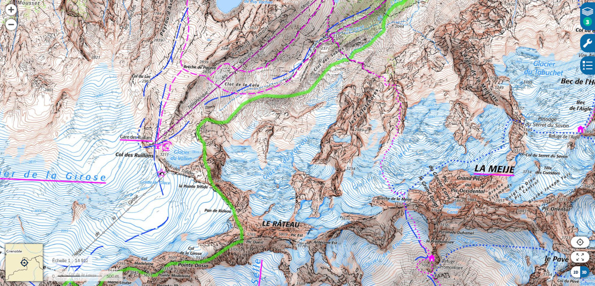 Carte des glaciers de la Meije en 2022 par l'institut géographique national