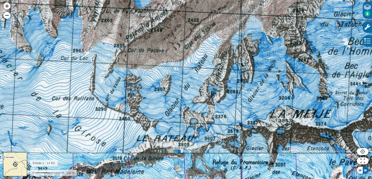 Carte des glaciers de la Meije en 1950 par l'institut géographique national